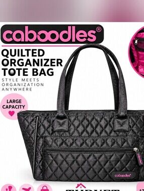 Caboodles Black Quilted Cosmetic Organizer Tote Bag Pink Interior Large 17"